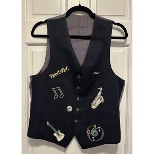 Vintage 90s Rock N Roll Vest Black Embroidered Music Guitar Sax Small